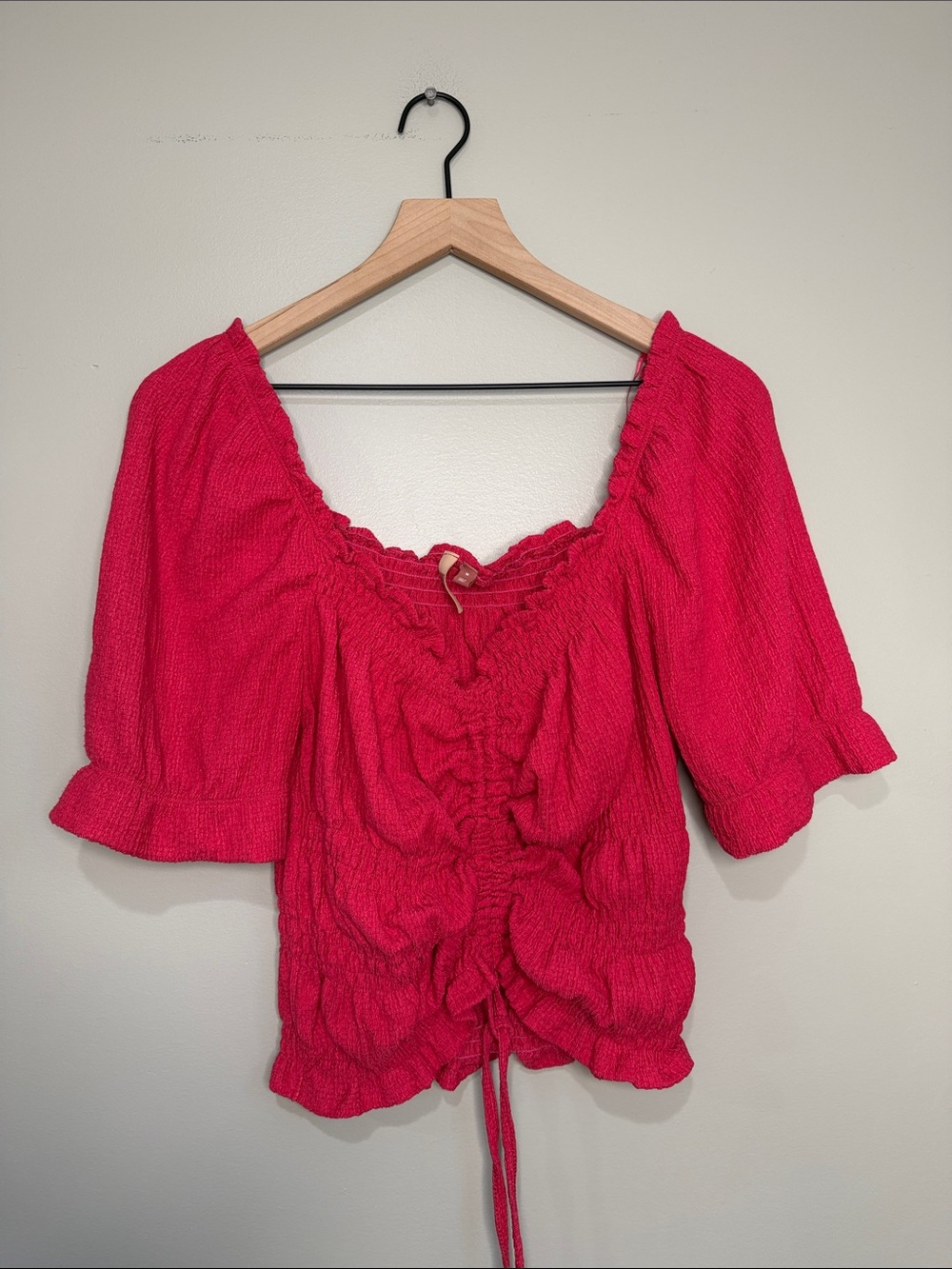 Pilcro Hot Pink Ruffled Drawstring Anthropologie Pilcro puff-sleeved Blouse M